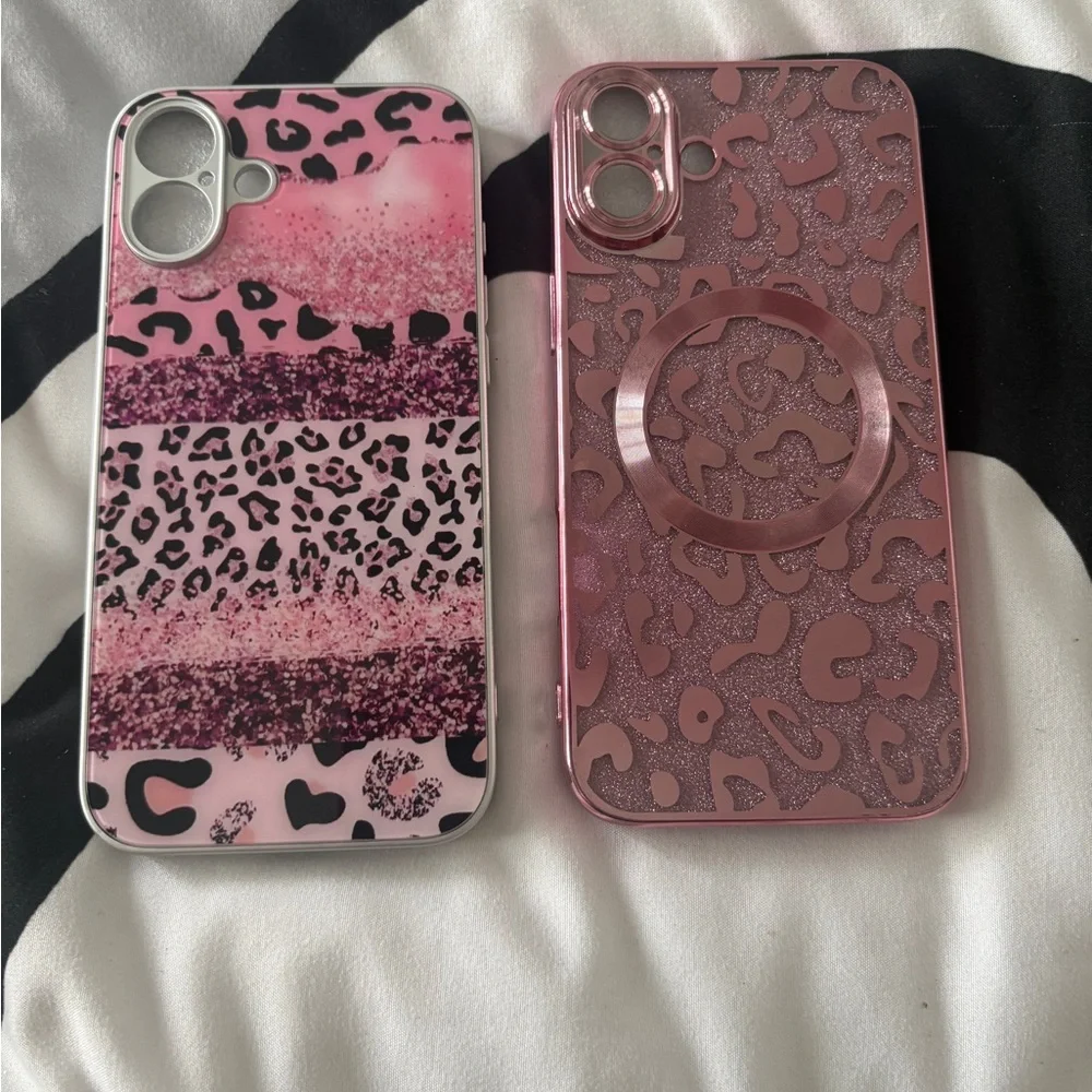 (2) Pink Leopard Print IPhone 16 Plus Phone Case Set